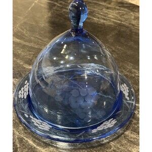 Depression Glass Blue Etched Grape cluster 9" cheese Plate & Dome 6 3/4 x 7 in